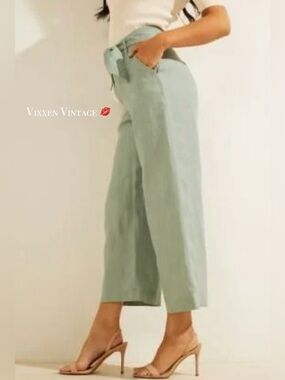 GUESS BELTED ‘LINEN TESSA CULOTTE PANTS’ IN FADE TO JADE